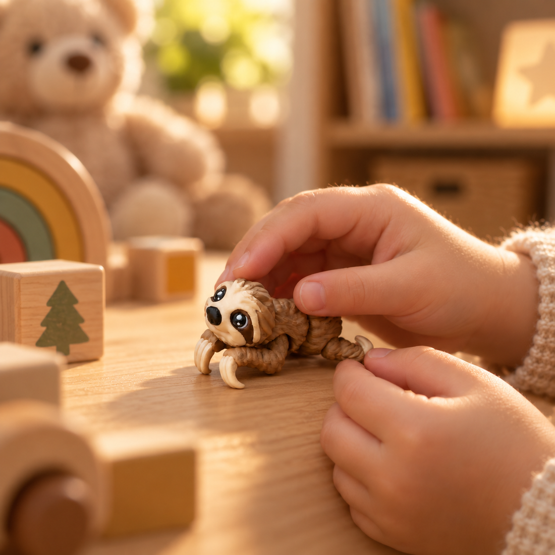 Illustration douce d'un enfant manipulant un fidget articulé Minelys, guide pour choisir un fidget TDAH, TSA ou DYS