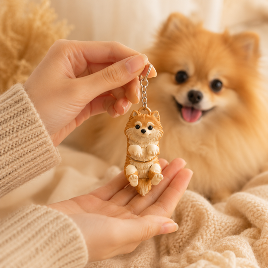 Porte-clef Poméranien imprimé en 3D par Minelys, figurine décorative pour trousseau de clefs